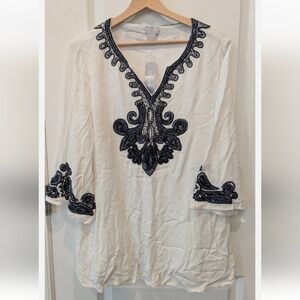 Chico's Tunic Top 1P 3/4 Sleeve Gauze Beaded Boho Coastal Cottage White Alabaste